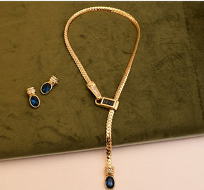 Elegant Gold-Toned Necklace and Matching Earrings Set with Blue Stone