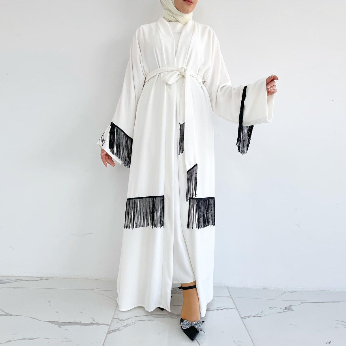 White Elegance Open Abaya with Black Thread Fringe