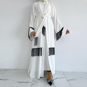 White Elegance Open Abaya with Black Thread Fringe