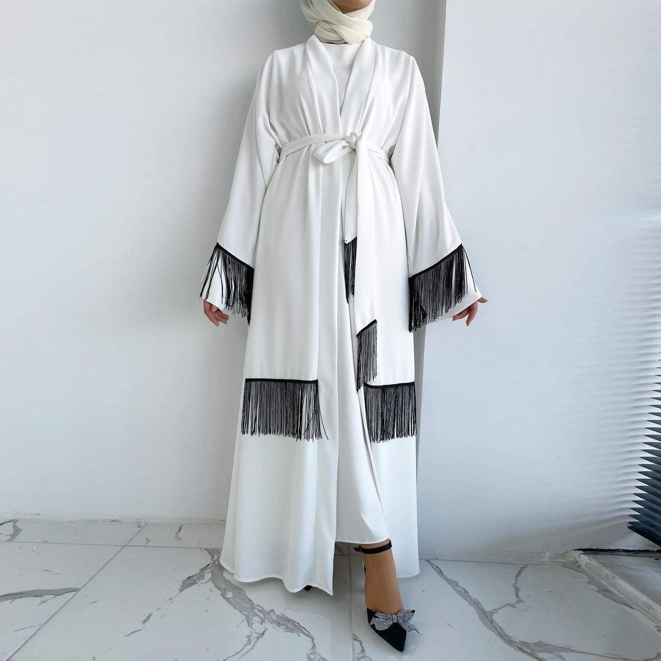 White Elegance Open Abaya with Black Thread Fringe