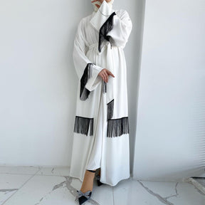 White Elegance Open Abaya with Black Thread Fringe