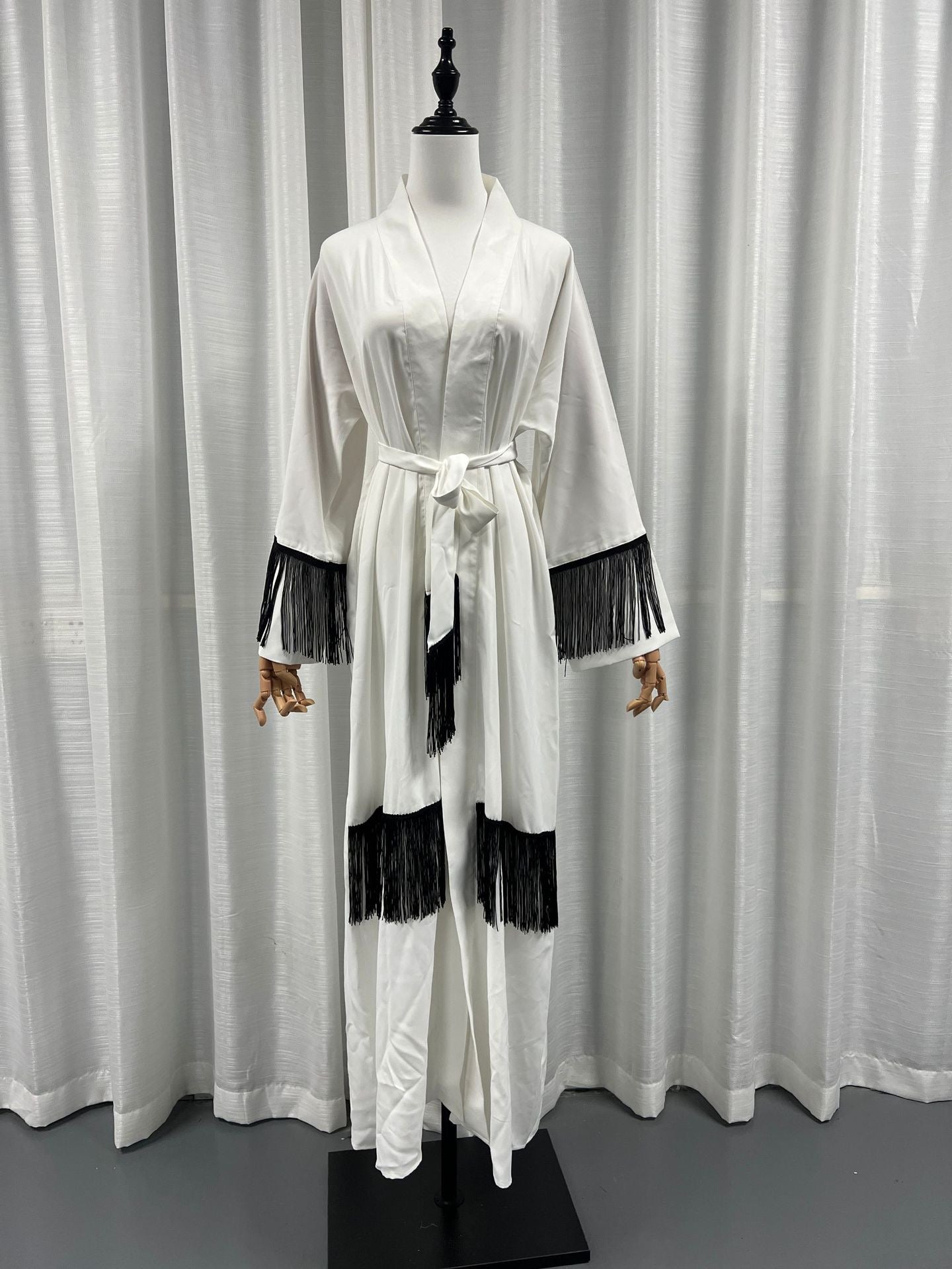 White Elegance Open Abaya with Black Thread Fringe