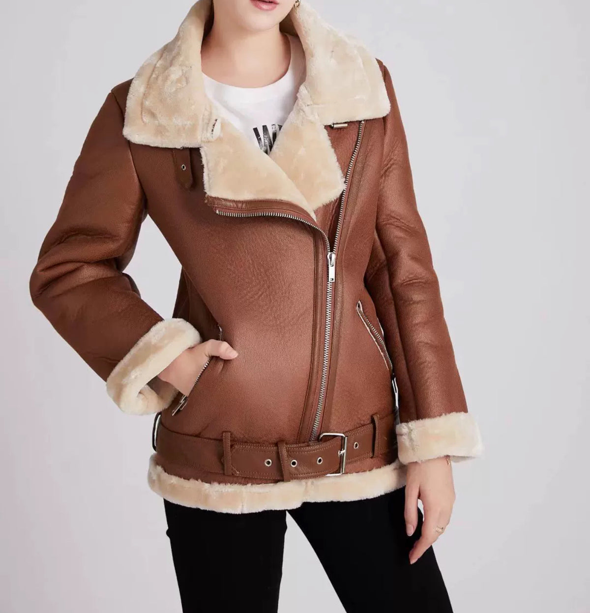 Contrast Hooded Faux Shearling Jacket